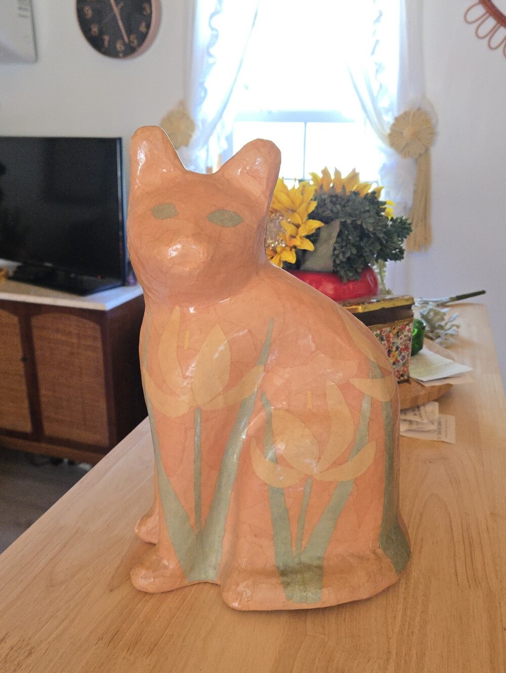 Vintage Arriba Handcrafted Paper Mache Peach Floral Cat Sculpture